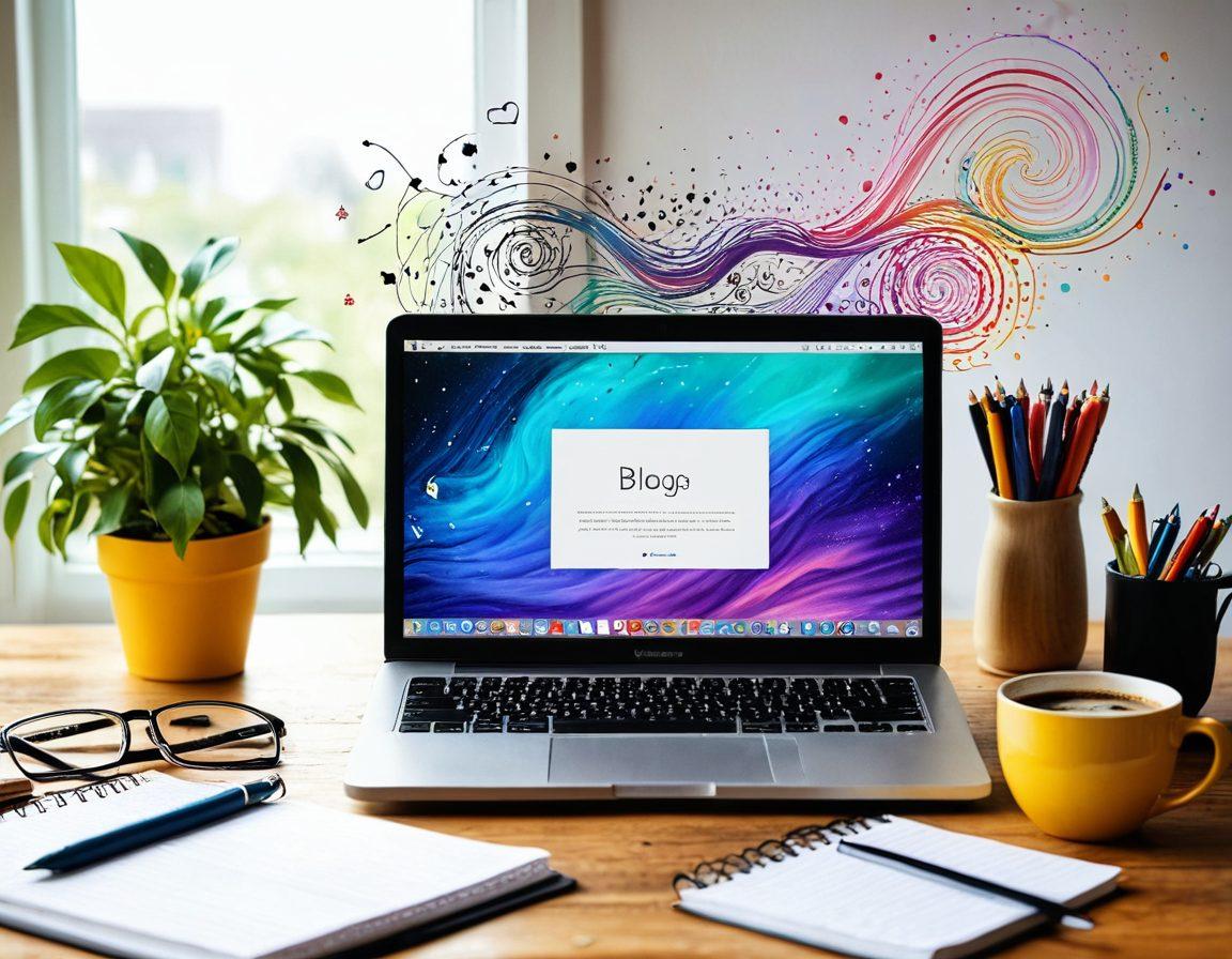 A captivating desk setup featuring an open laptop with a beautifully designed blog page, surrounded by whimsical storytelling elements like notebooks, colorful pens, and a steaming cup of coffee, while an imaginative backdrop of swirling stories and vibrant ideas floats around, symbolizing creativity and blogging. vibrant colors. super-realistic.