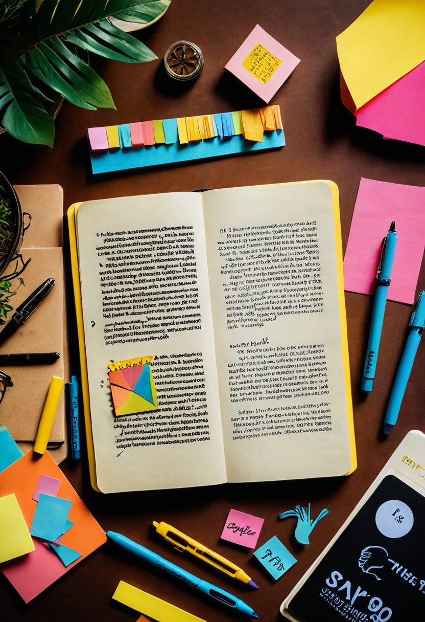 A captivating open notebook with a quill pen, surrounded by colorful sticky notes and personal memorabilia that symbolize creativity. A warm, inviting glow emanates from a laptop displaying a blog interface, emphasizing digital storytelling. In the background, whimsical illustrations of characters and stories come to life, showcasing diverse themes. The scene should exude an atmosphere of inspiration and imagination. vibrant colors. super-realistic.