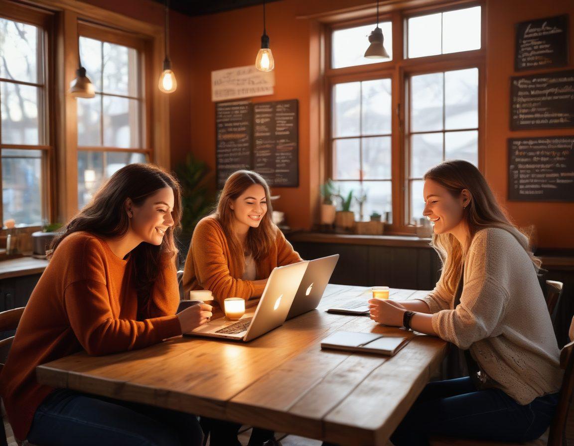 A cozy coffee shop setting with a diverse group of bloggers engaged in animated discussions, laptops open and cups of coffee on the table. A large chalkboard in the background featuring inspiring quotes about connection and community. Natural light streaming through the windows, creating a warm atmosphere. Engaging expressions on their faces that convey passion and creativity. super-realistic. warm tones. vibrant colors.